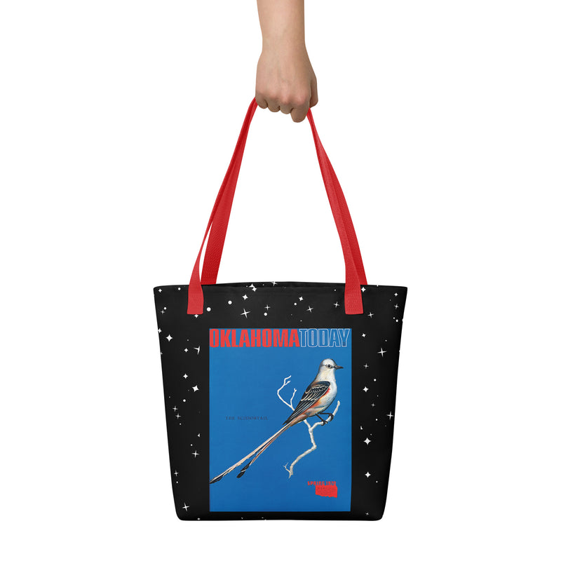 Oklahoma Today Cover Series Tote Bag with a starry black background and red handles- Spring 1975 Scissortail