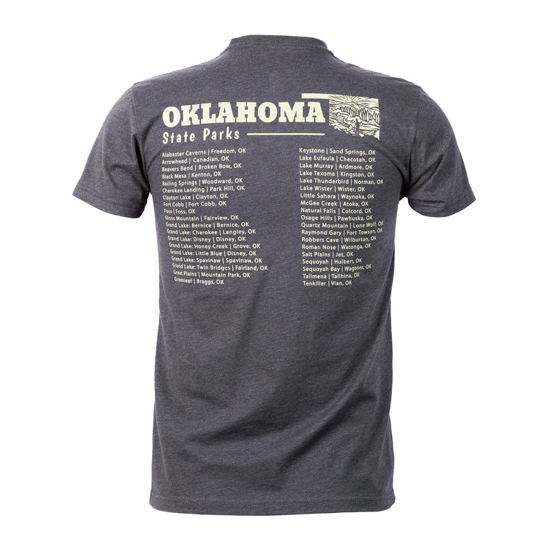 Gray t-shirt with 'Oklahoma State Parks' text and list of state parks on a white background