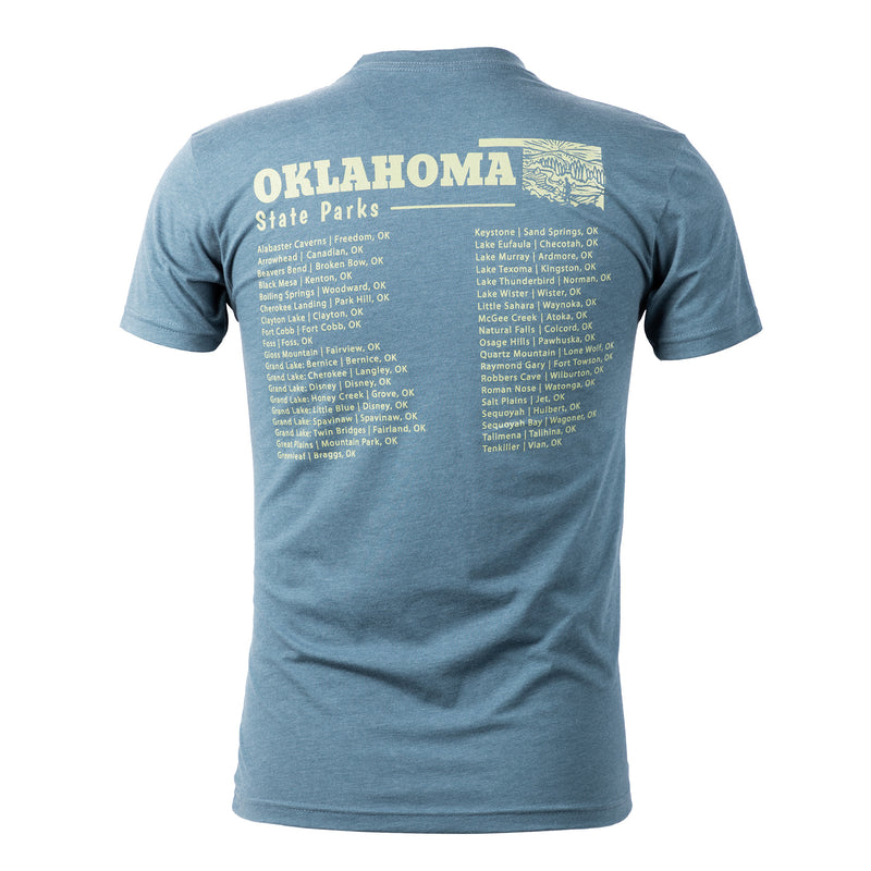Blue t-shirt with 'Oklahoma State Parks' text and list of state parks on a white background