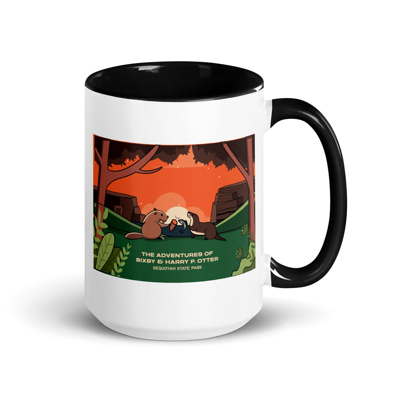 The Adventures of Bixby Y. Beaver & Harry P. Otter at Sequoyah State Park ceramic coffee mug with black handle and inside.