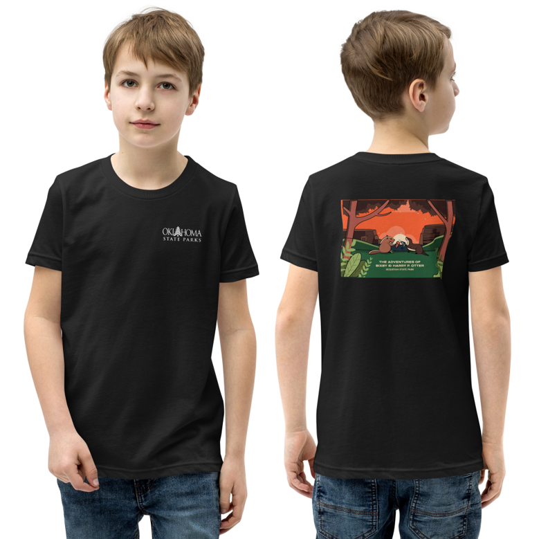 Bixby Y. Beaver & Harry P. Otter Double Sided Youth T-Shirt in Black. Front: left chest print of Oklahoma State Parks logo. Back: Harry & Bixby animated graphic.