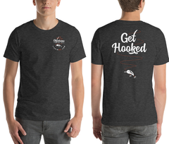Oklahoma Fishing Trail t-shirt in dark grey heather. Front: left chest logo that reads, 