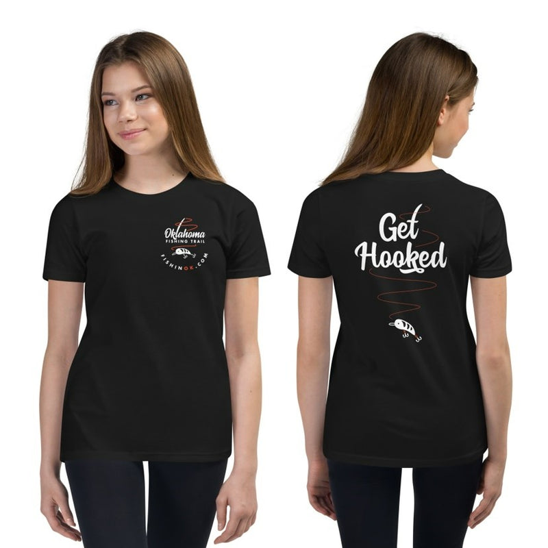 Oklahoma Fishing Trail Double Sided Youth Boys T-Shirt in Black. Oklahoma Fishing Trail left chest print on the front, and "Get Hooked" fish design on the back.