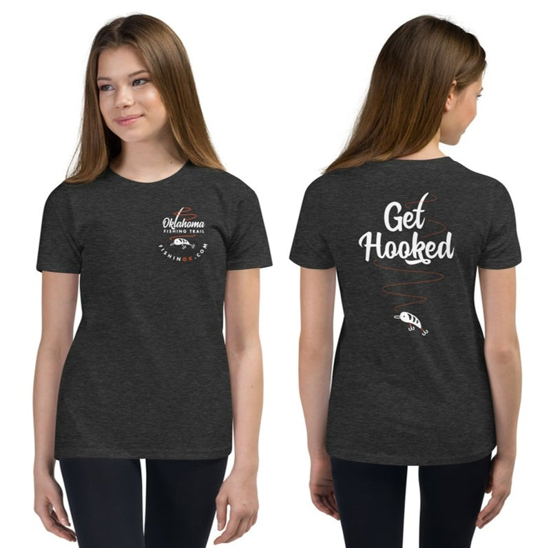 Oklahoma Fishing Trail Double Sided Youth Boys T-Shirt in Black. Oklahoma Fishing Trail left chest print on the front, and "Get Hooked" fish design on the back.