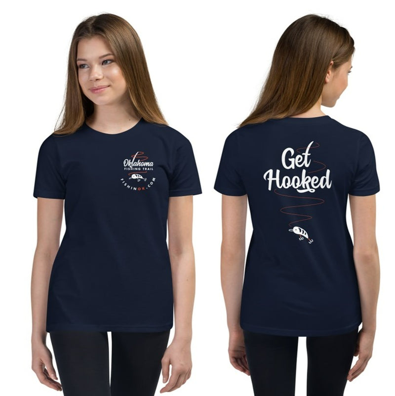 Oklahoma Fishing Trail Double Sided Youth Boys T-Shirt in Black. Oklahoma Fishing Trail left chest print on the front, and "Get Hooked" fish design on the back.