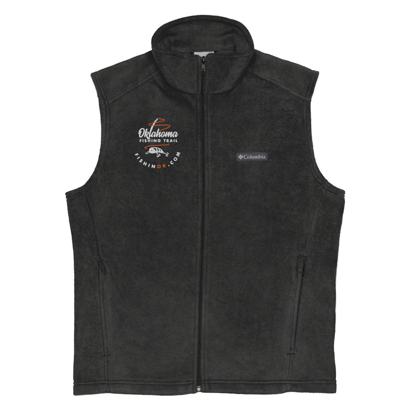 Oklahoma Fishing Trail embroidered Columbia fleece vest in black.