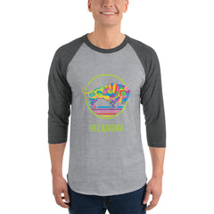 White shirt with black 3/4 sleeve t-shirt with a colorful Travel Oklahoma Bison design.