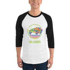 White shirt with black 3/4 sleeve t-shirt with a colorful Travel Oklahoma Bison design.