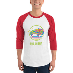 White shirt with black 3/4 sleeve t-shirt with a colorful Travel Oklahoma Bison design.