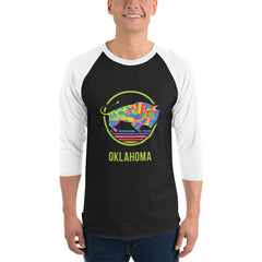 White shirt with black 3/4 sleeve t-shirt with a colorful Travel Oklahoma Bison design.