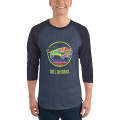 Heather denim shirt with navy 3/4 sleeve t-shirt with a colorful Travel Oklahoma Bison design.