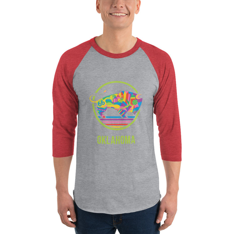 White shirt with black 3/4 sleeve t-shirt with a colorful Travel Oklahoma Bison design.