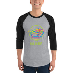 White shirt with black 3/4 sleeve t-shirt with a colorful Travel Oklahoma Bison design.