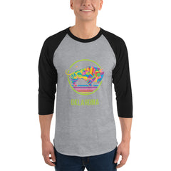 White shirt with black 3/4 sleeve t-shirt with a colorful Travel Oklahoma Bison design.
