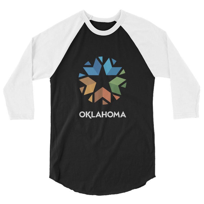 3/4 Sleeve Raglan (Baseball Style Tee) with Oklahoma Logo. Black front with white sleeves.