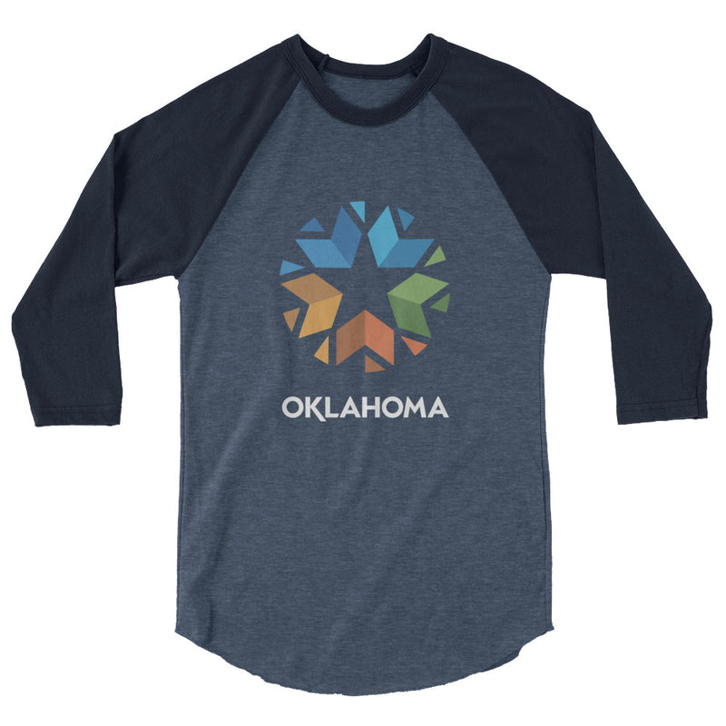 3/4 Sleeve Raglan (Baseball Style Tee) with Oklahoma Logo. Black front with white sleeves.