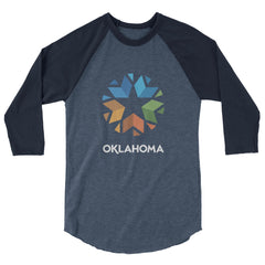 3/4 Sleeve Raglan (Baseball Style Tee) with Oklahoma Logo. Black front with white sleeves.
