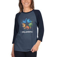 3/4 Sleeve Raglan (Baseball Style Tee) with Oklahoma Logo. Black front with white sleeves.