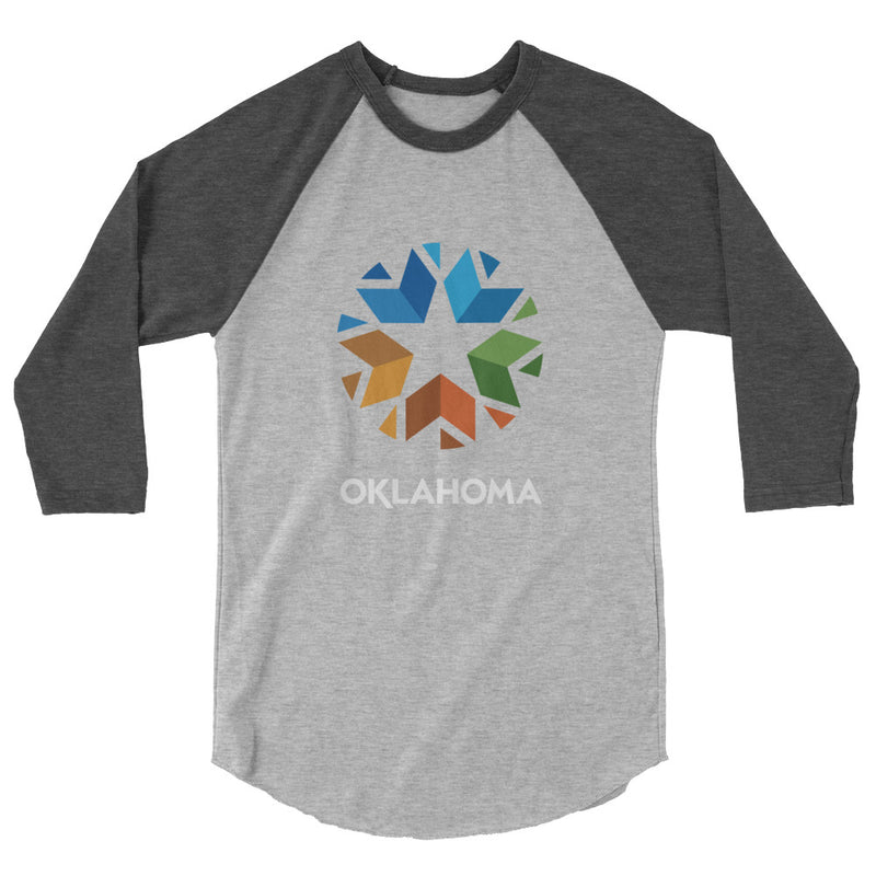 3/4 Sleeve Raglan (Baseball Style Tee) with Oklahoma Logo. Black front with white sleeves.