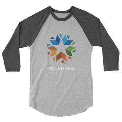 3/4 Sleeve Raglan (Baseball Style Tee) with Oklahoma Logo. Black front with white sleeves.