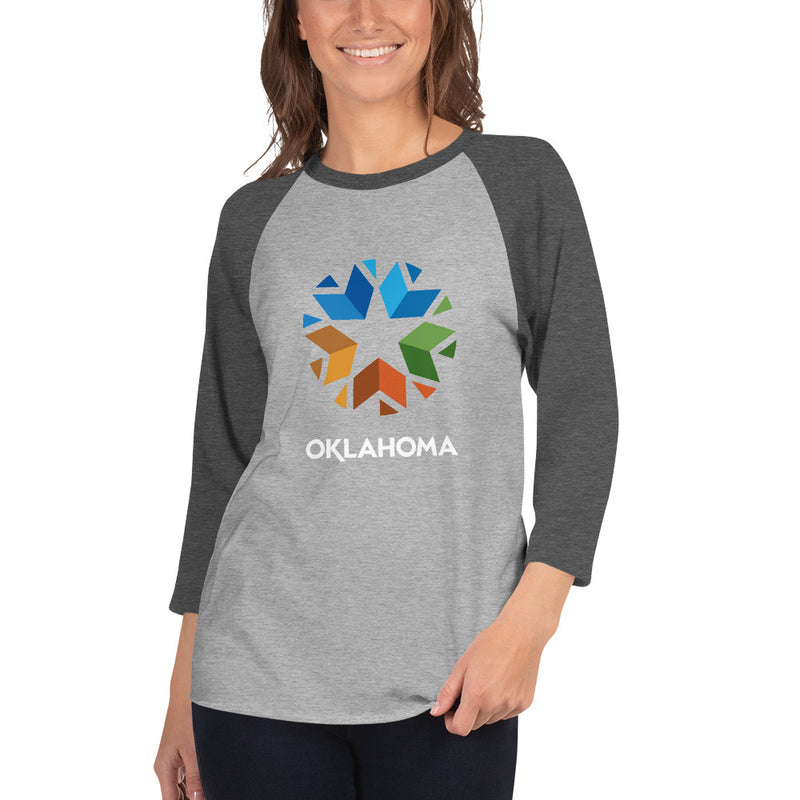 3/4 Sleeve Raglan (Baseball Style Tee) with Oklahoma Logo. Black front with white sleeves.