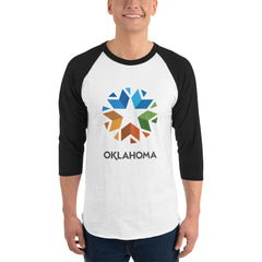 3/4 Sleeve Raglan (Baseball Style Tee) with Oklahoma Logo. Black front with white sleeves.