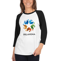 3/4 Sleeve Raglan (Baseball Style Tee) with Oklahoma Logo. Black front with white sleeves.