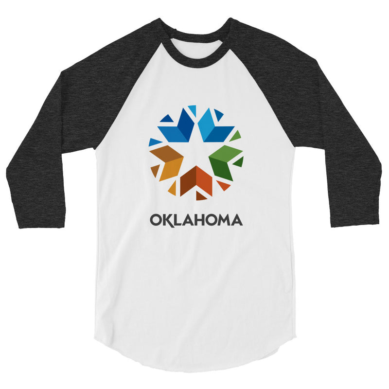 3/4 Sleeve Raglan (Baseball Style Tee) with Oklahoma Logo. Black front with white sleeves.