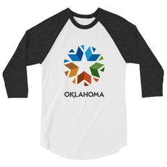 3/4 Sleeve Raglan (Baseball Style Tee) with Oklahoma Logo. Black front with white sleeves.