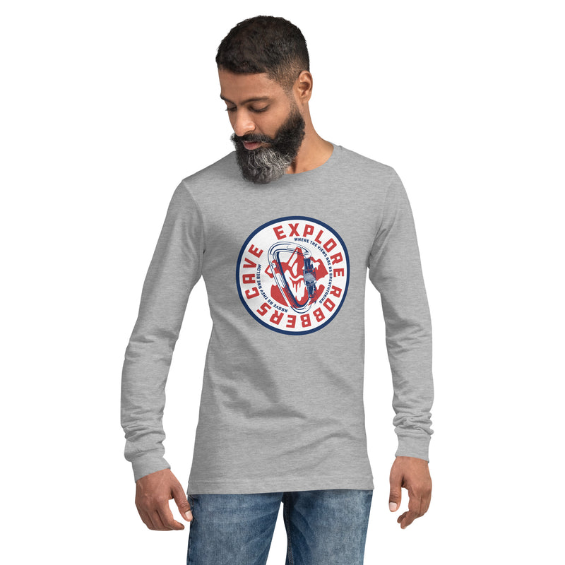 Explore Robbers Cave Adult Unisex Long Sleeve T-Shirt in Black Heather