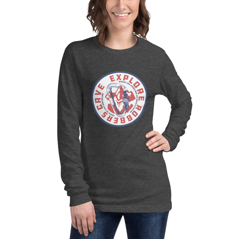 Explore Robbers Cave Adult Unisex Long Sleeve T-Shirt in Black Heather
