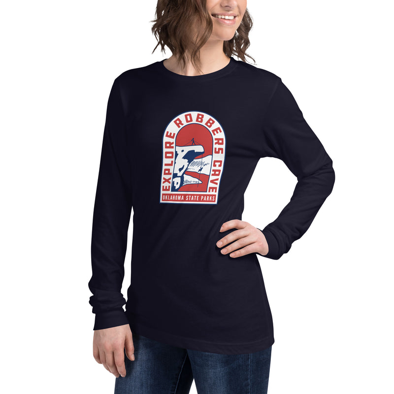 Explore Robbers Cave Unisex Long Sleeve T-Shirt in Black Heather