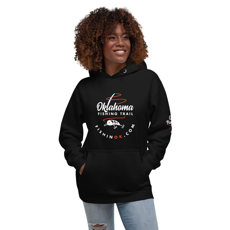 Hoodie with the official Oklahoma Fishing Trail logo on the front and "get hooked" graphic on the left elbow in black.