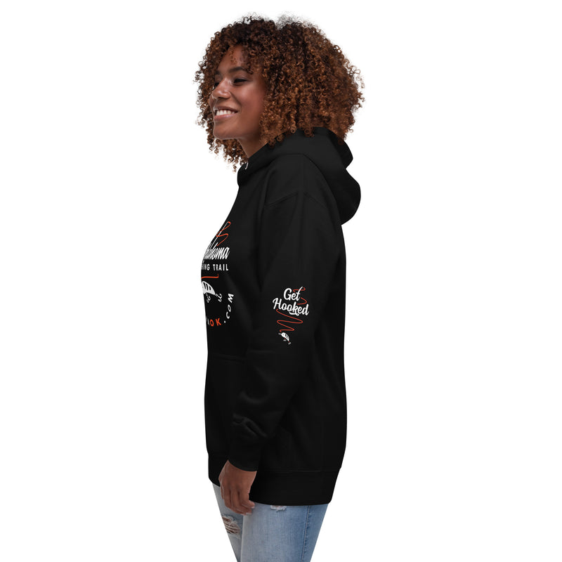 Hoodie with the official Oklahoma Fishing Trail logo on the front and "get hooked" graphic on the left elbow in black.