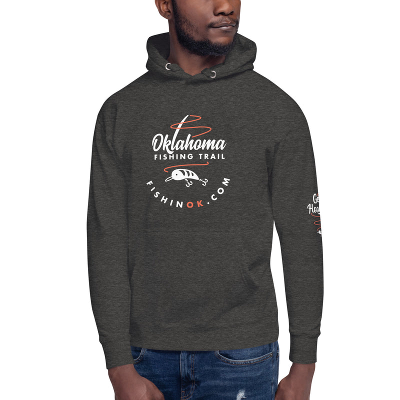 Hoodie with the official Oklahoma Fishing Trail logo on the front and "get hooked" graphic on the left elbow in black.