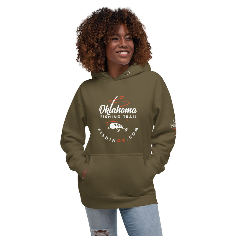 Hoodie with the official Oklahoma Fishing Trail logo on the front and "get hooked" graphic on the left elbow in black.