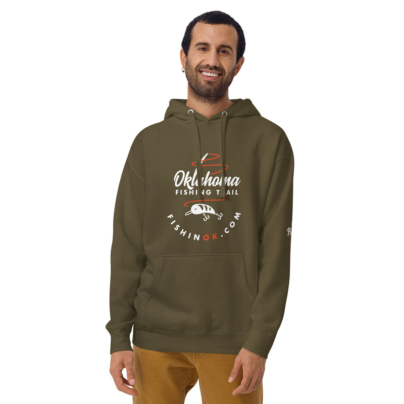 Hoodie with the official Oklahoma Fishing Trail logo on the front and "get hooked" graphic on the left elbow in military green.