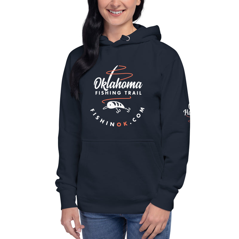 Hoodie with the official Oklahoma Fishing Trail logo on the front and "get hooked" graphic on the left elbow in black.