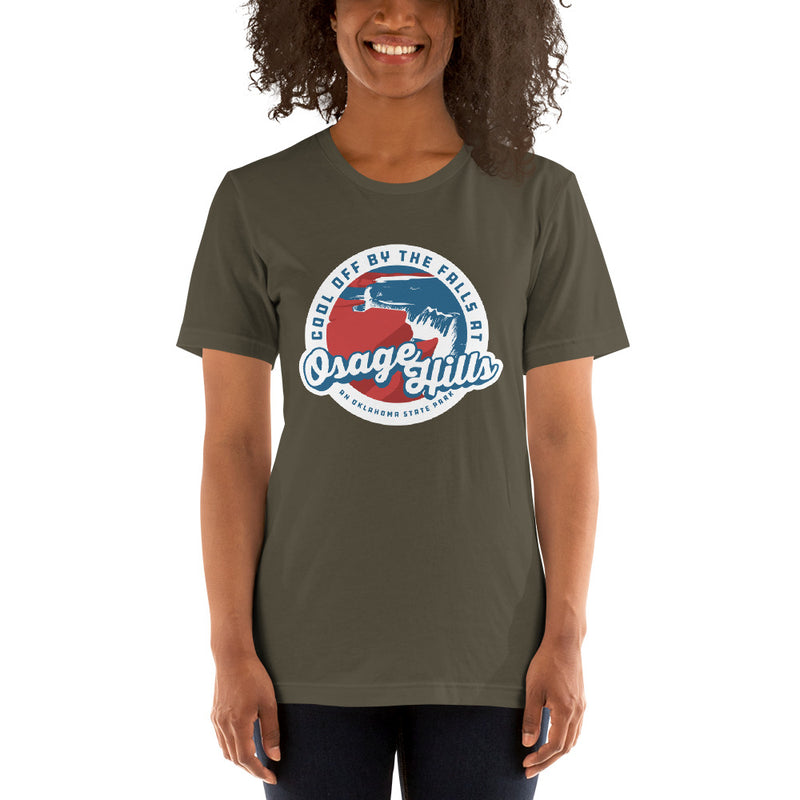Osage State Park Unisex Short Sleeve T-Shirt in Black Heather. Text: Cool off by the falls at Osage Hills an Oklahoma State Park.