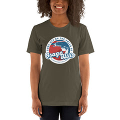 Osage State Park Unisex Short Sleeve T-Shirt in Black Heather. Text: Cool off by the falls at Osage Hills an Oklahoma State Park.