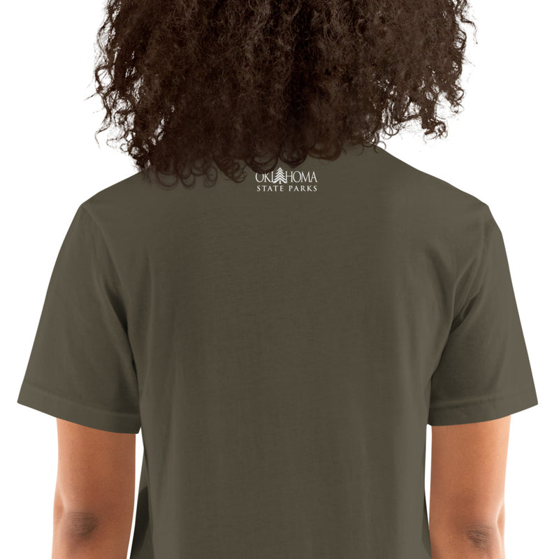 Osage State Park Unisex Short Sleeve T-Shirt in Black Heather. Text: Cool off by the falls at Osage Hills an Oklahoma State Park.