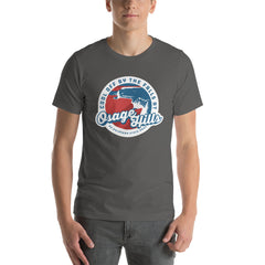 Osage State Park Unisex Short Sleeve T-Shirt in Black Heather. Text: Cool off by the falls at Osage Hills an Oklahoma State Park.