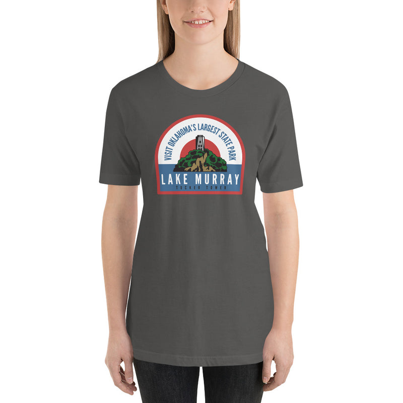 Black Heather Lake Murray T-Shirt. Text Reads: "Visit Oklahoma's Largest State Park, Lake Murray, Tucker Tower"