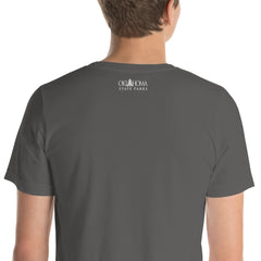 Osage State Park Unisex Short Sleeve T-Shirt in Black Heather. Text: Cool off by the falls at Osage Hills an Oklahoma State Park.