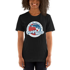 Osage State Park Unisex Short Sleeve T-Shirt in Black Heather. Text: Cool off by the falls at Osage Hills an Oklahoma State Park.