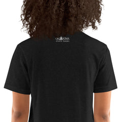 Osage State Park Unisex Short Sleeve T-Shirt in Black Heather. Text: Cool off by the falls at Osage Hills an Oklahoma State Park.
