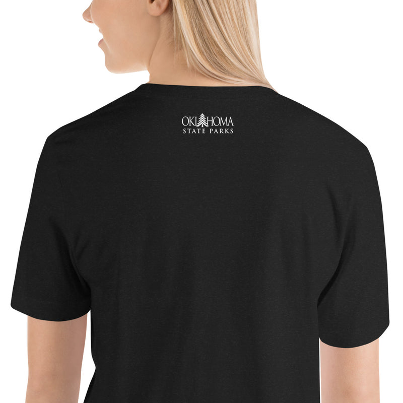 Black Heather Lake Murray T-Shirt. Text Reads: "Visit Oklahoma's Largest State Park, Lake Murray, Tucker Tower"