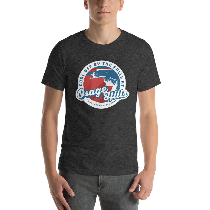 Osage State Park Unisex Short Sleeve T-Shirt in Black Heather. Text: Cool off by the falls at Osage Hills an Oklahoma State Park.