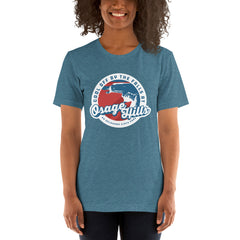 Osage State Park Unisex Short Sleeve T-Shirt in Deep Teal Heather. Text: Cool off by the falls at Osage Hills an Oklahoma State Park.