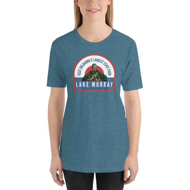 Black Heather Lake Murray T-Shirt. Text Reads: "Visit Oklahoma's Largest State Park, Lake Murray, Tucker Tower"
